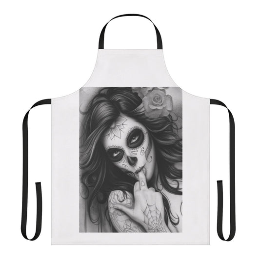 Chicano-style apron featuring a bold, tattoo-inspired design with skulls and other Mexican cultural elements