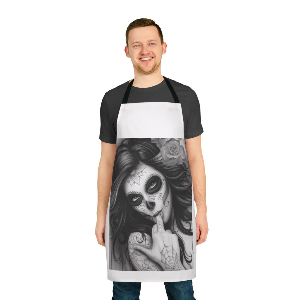 Chicano-style apron featuring a bold, tattoo-inspired design with skulls and other Mexican cultural elements