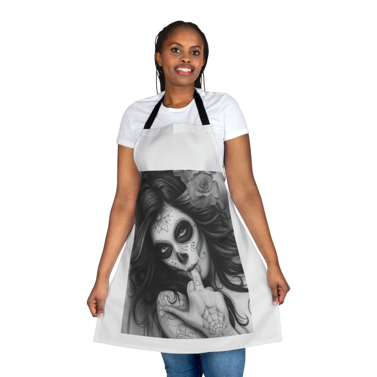 Chicano-style apron featuring a bold, tattoo-inspired design with skulls and other Mexican cultural elements