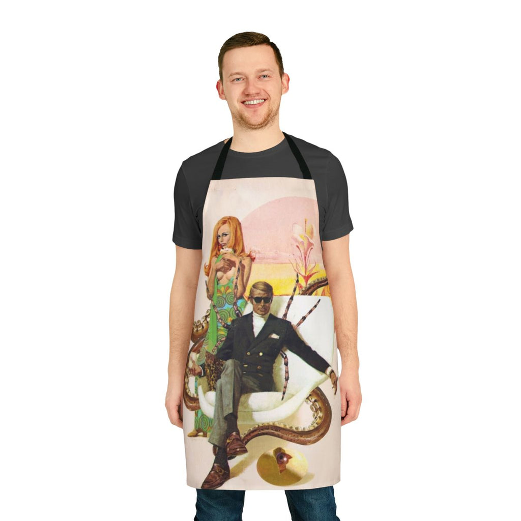 Collage art apron featuring a surreal, retro-inspired fantasy design
