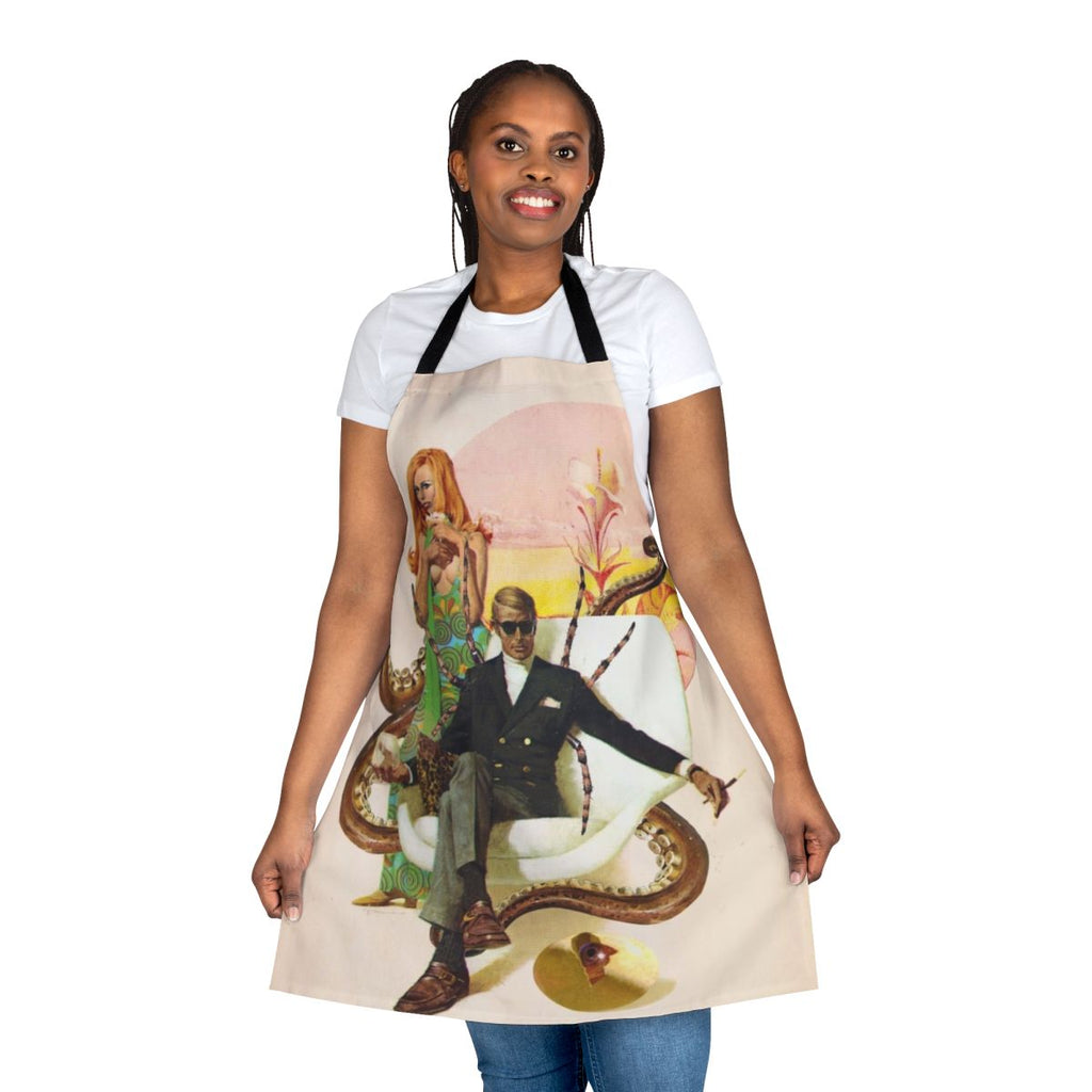 Collage art apron featuring a surreal, retro-inspired fantasy design