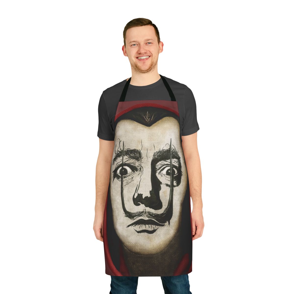 Dali-inspired apron featuring the iconic mustache and portrait from the popular Netflix series Money Heist (La Casa de Papel)