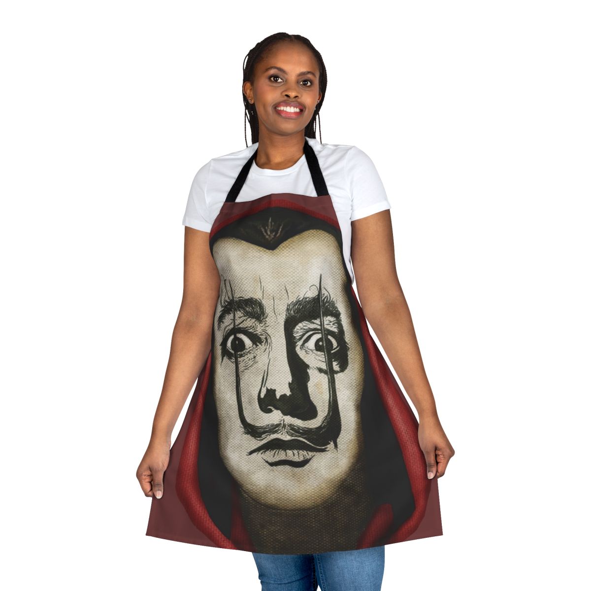 Dali-inspired apron featuring the iconic mustache and portrait from the popular Netflix series Money Heist (La Casa de Papel)