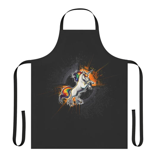 Death metal unicorn graphic on a black apron