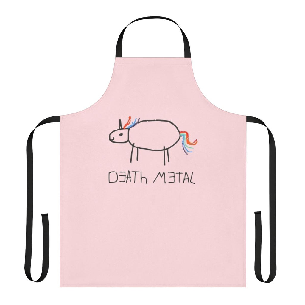 A vibrant, whimsical apron featuring a death metal unicorn design, perfect for creative kids.