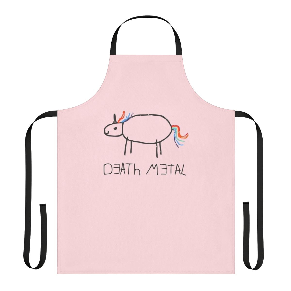 A vibrant, whimsical apron featuring a death metal unicorn design, perfect for creative kids.