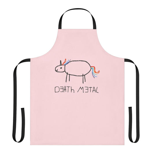 A vibrant, whimsical apron featuring a death metal unicorn design, perfect for creative kids.