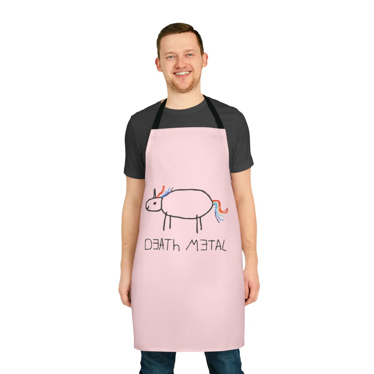 A vibrant, whimsical apron featuring a death metal unicorn design, perfect for creative kids.