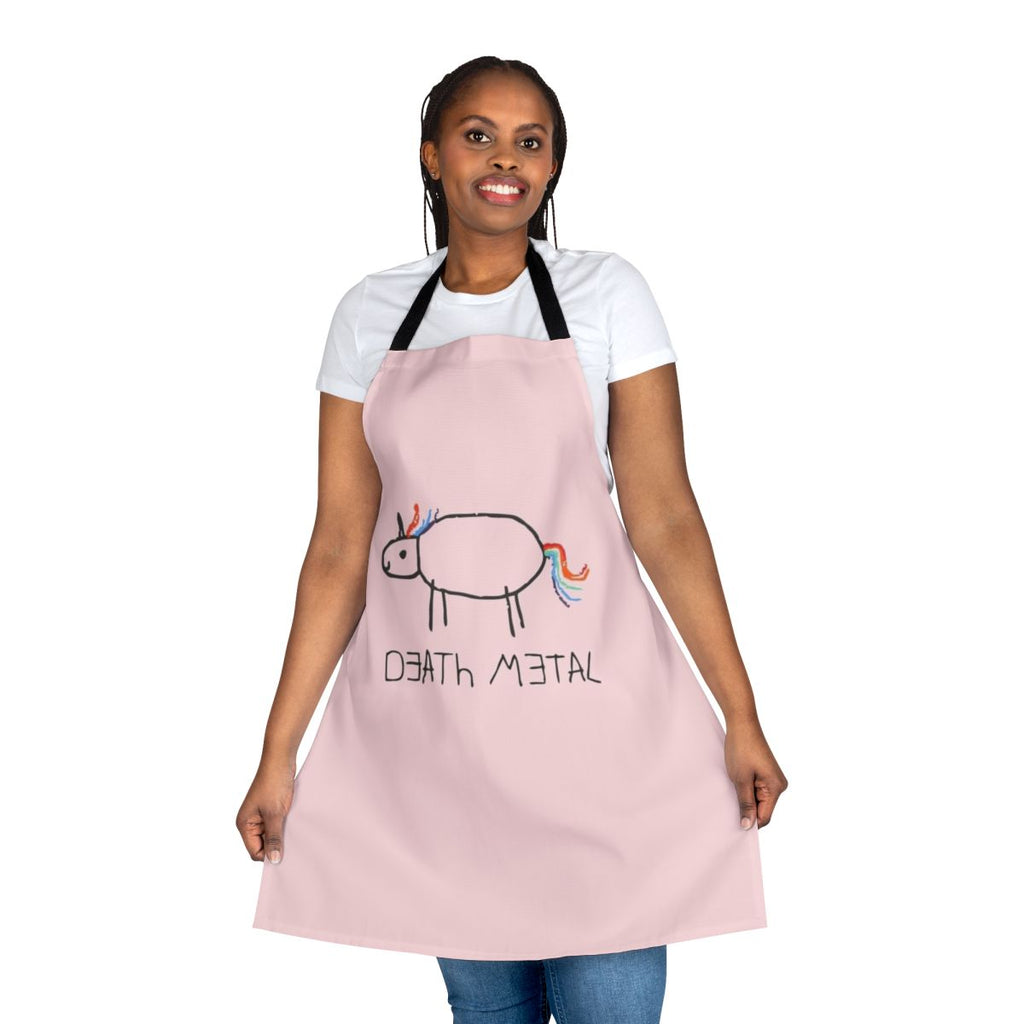 A vibrant, whimsical apron featuring a death metal unicorn design, perfect for creative kids.