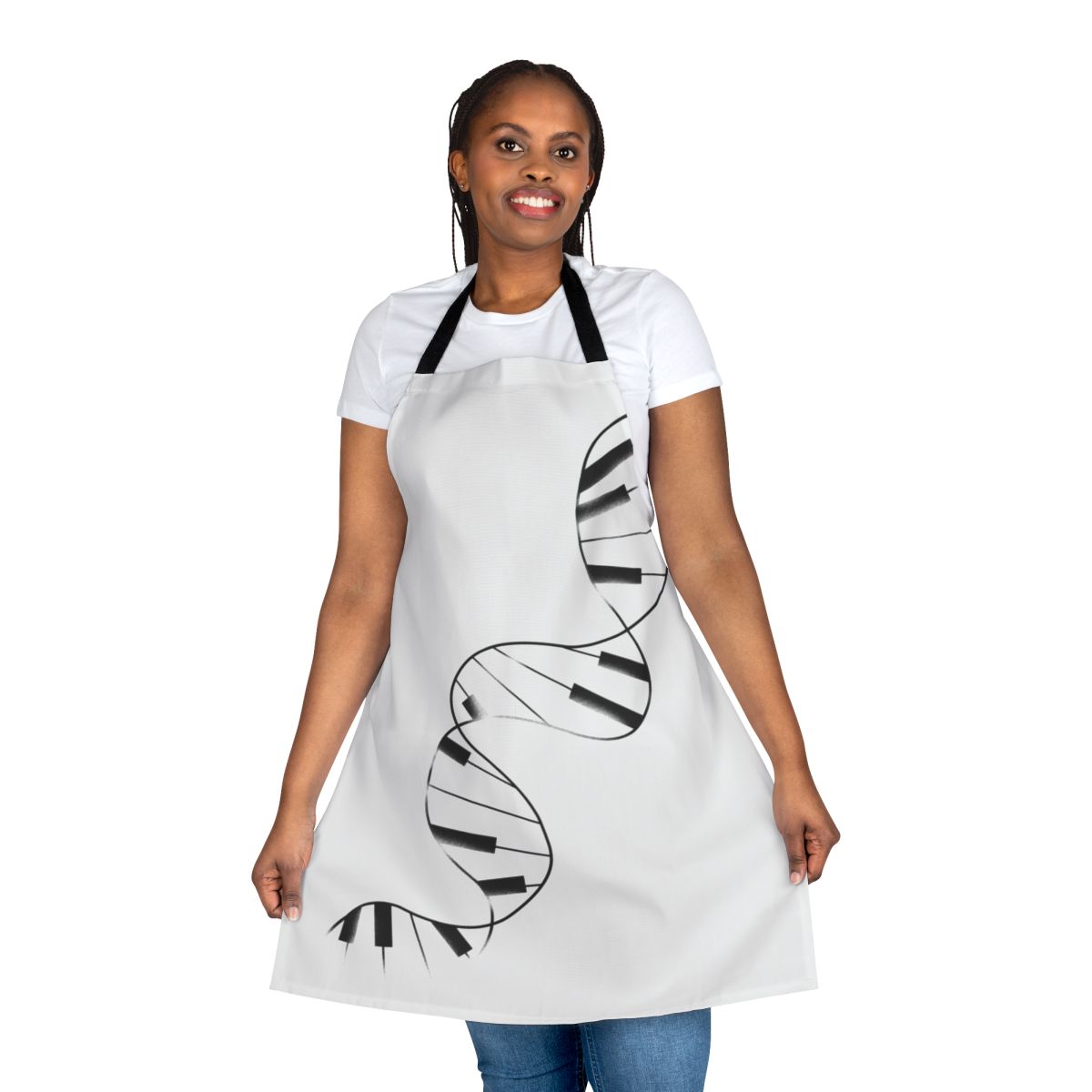 Stylish DNA-patterned apron with musical notes, perfect for pianists, musicians, and science enthusiasts
