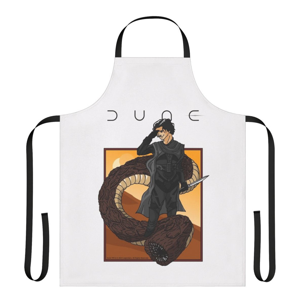 A stylized apron depicting a person riding a giant sandworm, inspired by the Dune sci-fi franchise