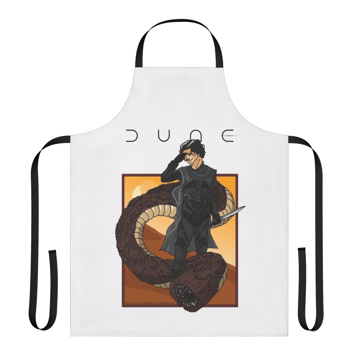 A stylized apron depicting a person riding a giant sandworm, inspired by the Dune sci-fi franchise