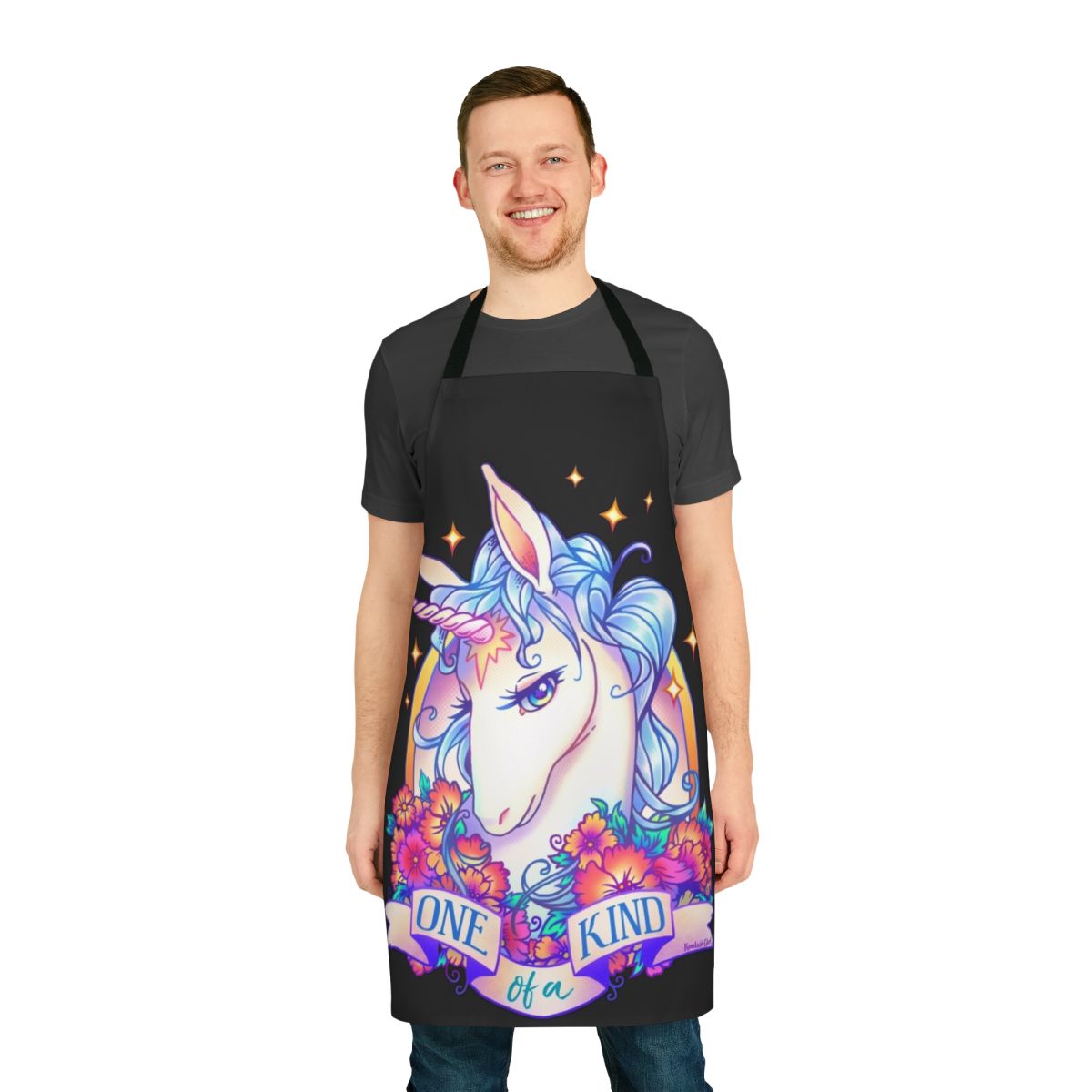 Whimsical apron featuring a hand-drawn unicorn design
