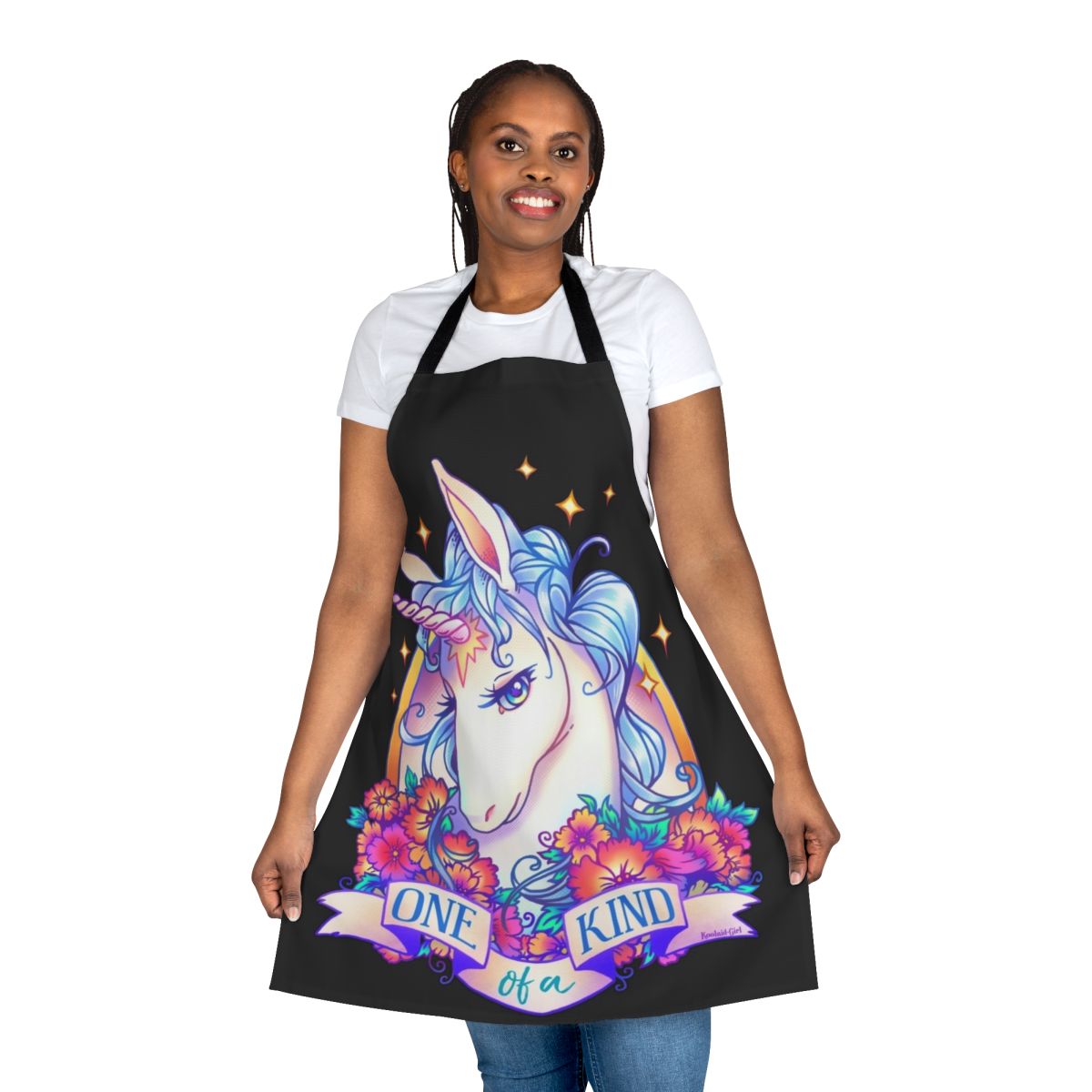 Whimsical apron featuring a hand-drawn unicorn design