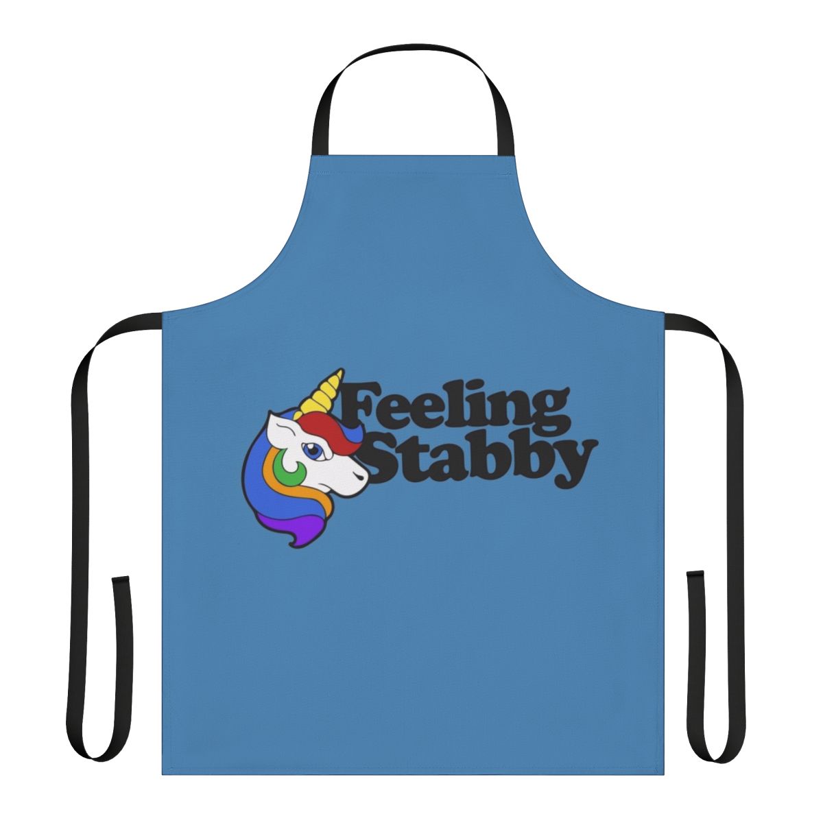 A white apron with a "Feeling Stabby" unicorn design, a humorous and quirky kitchen accessory.