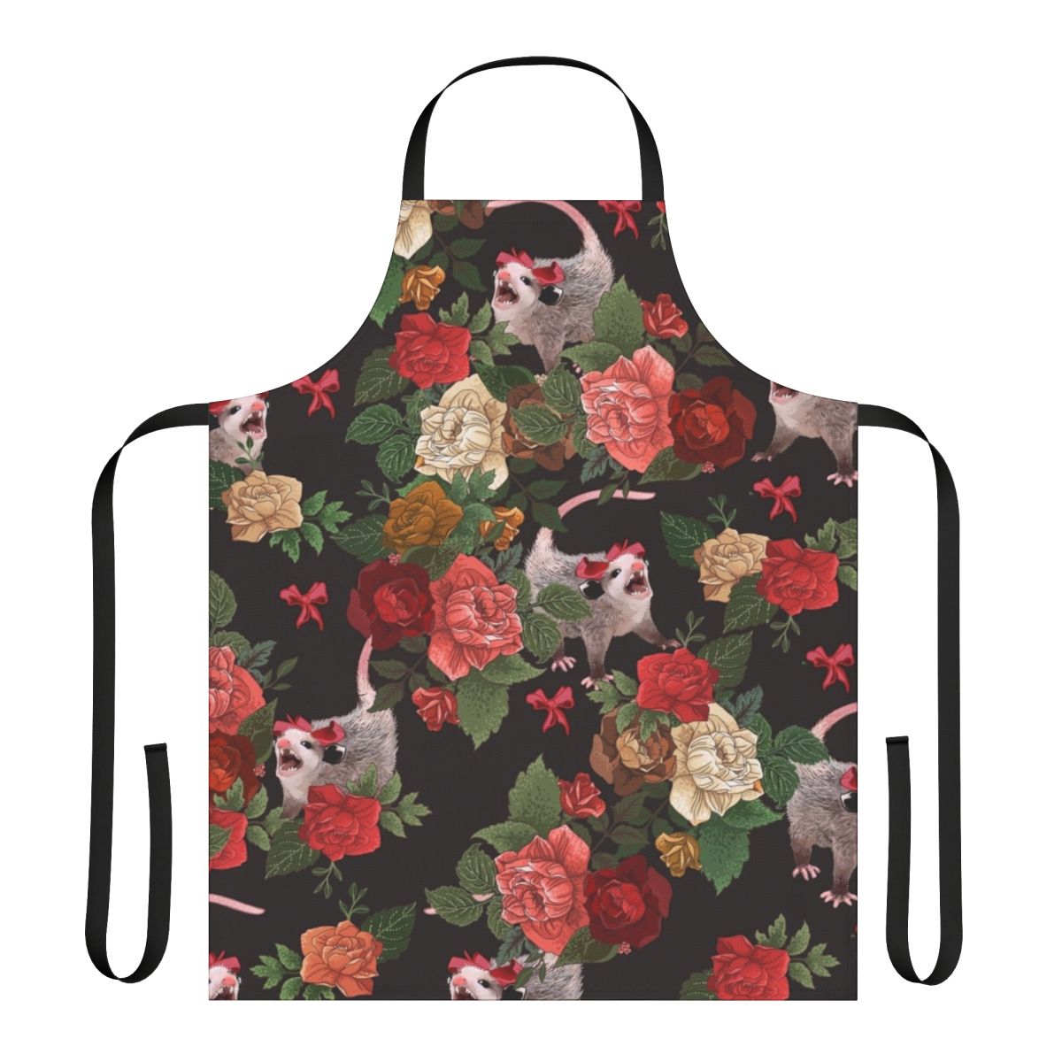 A pink and red floral apron with a repeating opossum or possum print, perfect for adding a touch of whimsy to your kitchen.