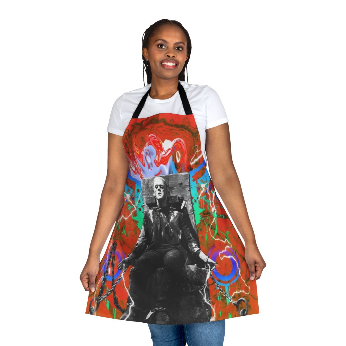 A colorful Frankenstein-inspired apron with a retro, quirky design for the modern home cook.