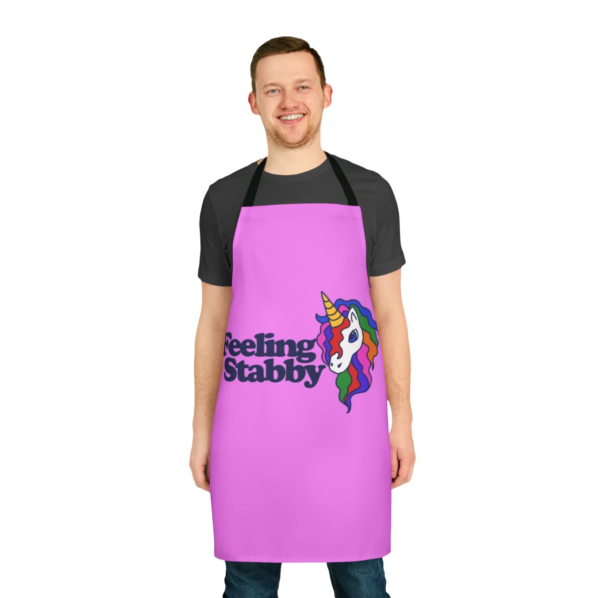 Humorous unicorn-themed apron with a "Feeling Stabby" message