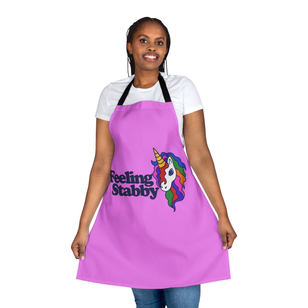 Humorous unicorn-themed apron with a "Feeling Stabby" message