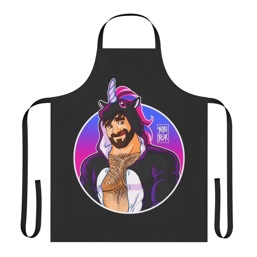 Gay bear wearing a round detail apron featuring unicorns