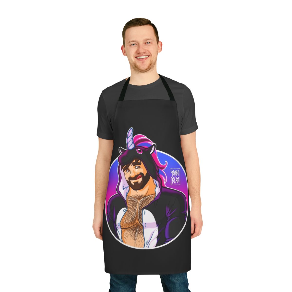 Gay bear wearing a round detail apron featuring unicorns