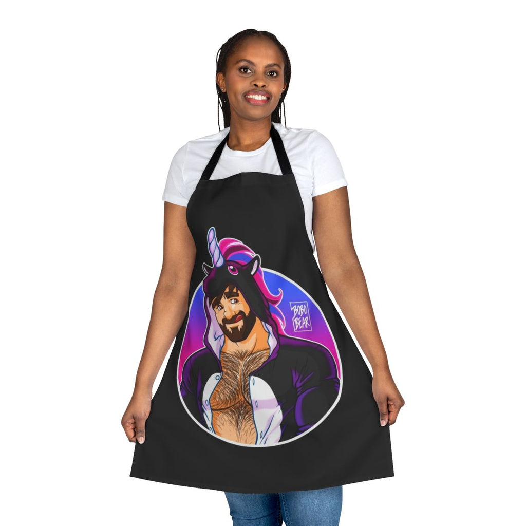 Gay bear wearing a round detail apron featuring unicorns