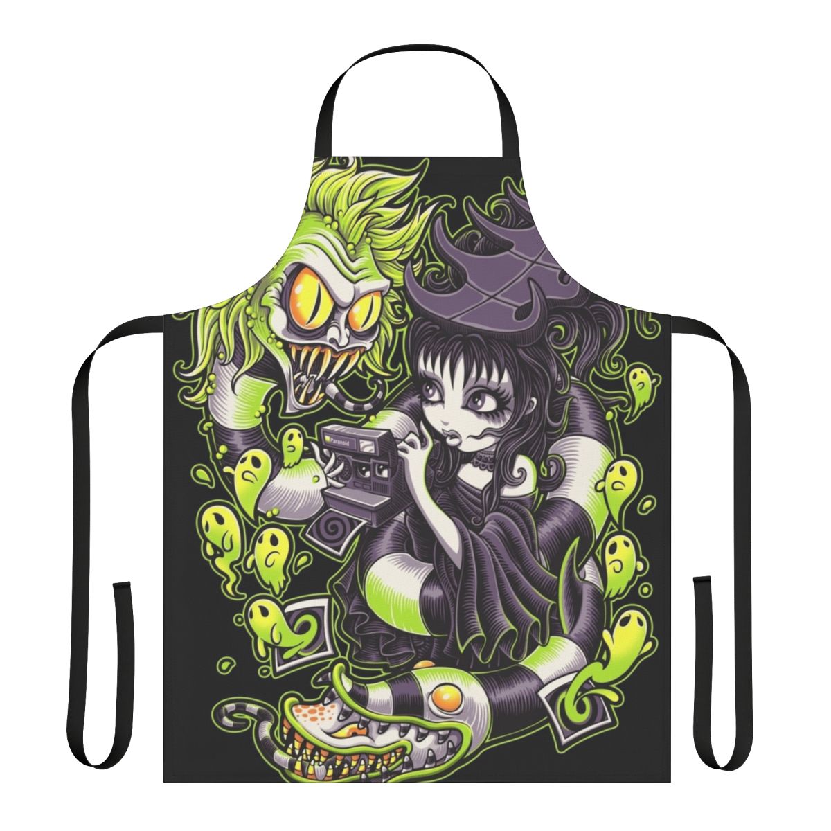 Unique gothic horror apron with Beetlejuice, Lydia, and Tim Burton inspired design