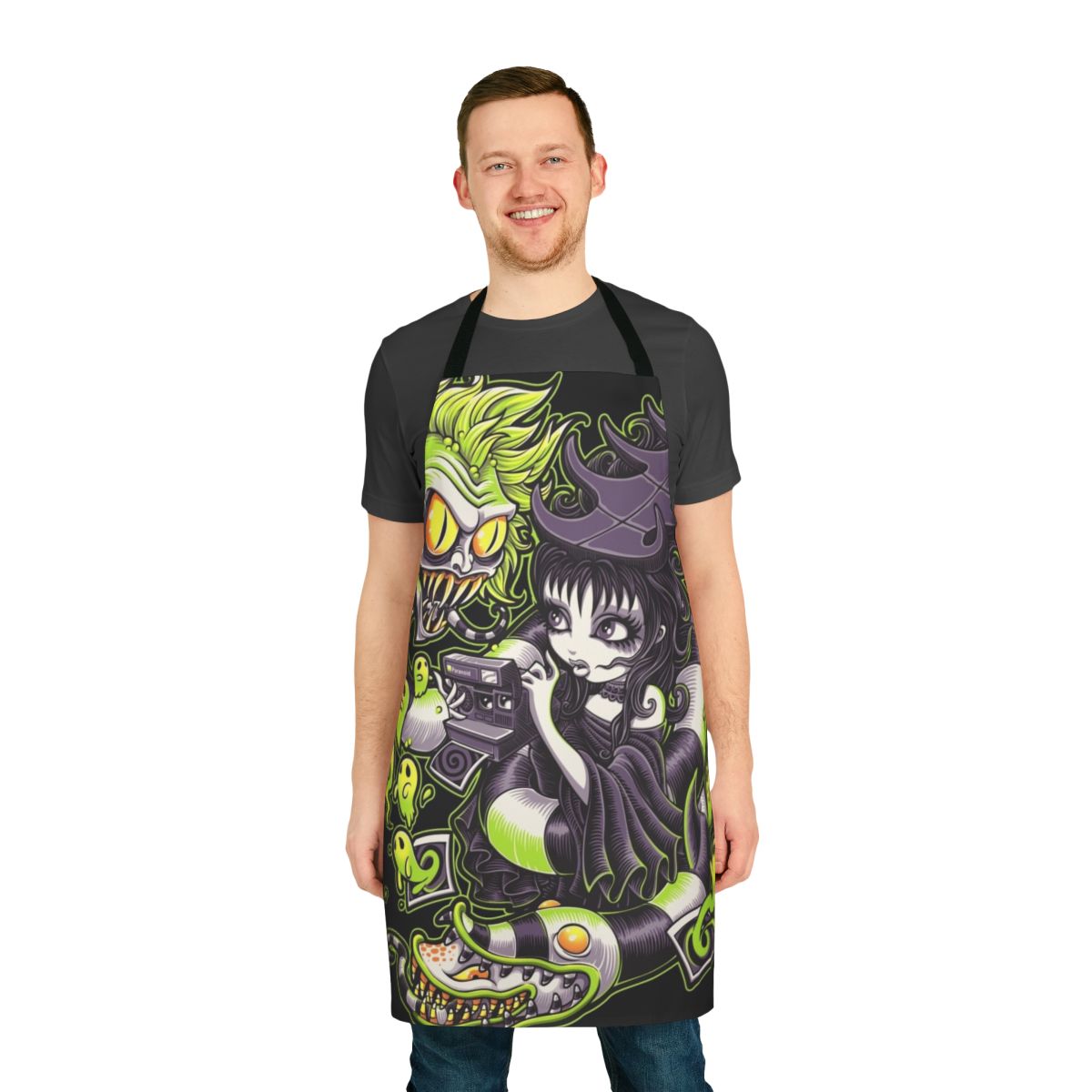 Unique gothic horror apron with Beetlejuice, Lydia, and Tim Burton inspired design