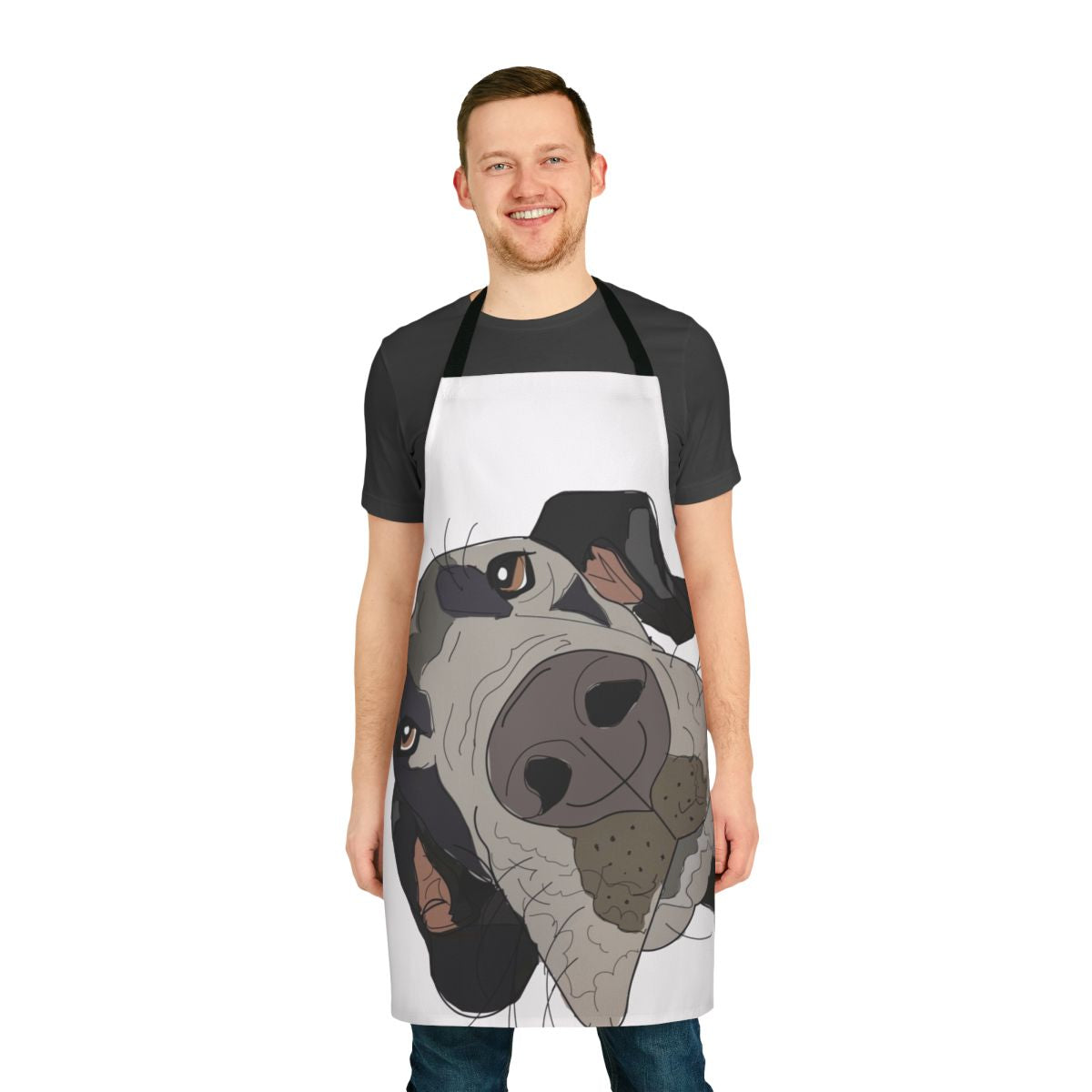 Artistic sketch design of a Great Dane dog's face printed on a high-quality kitchen apron