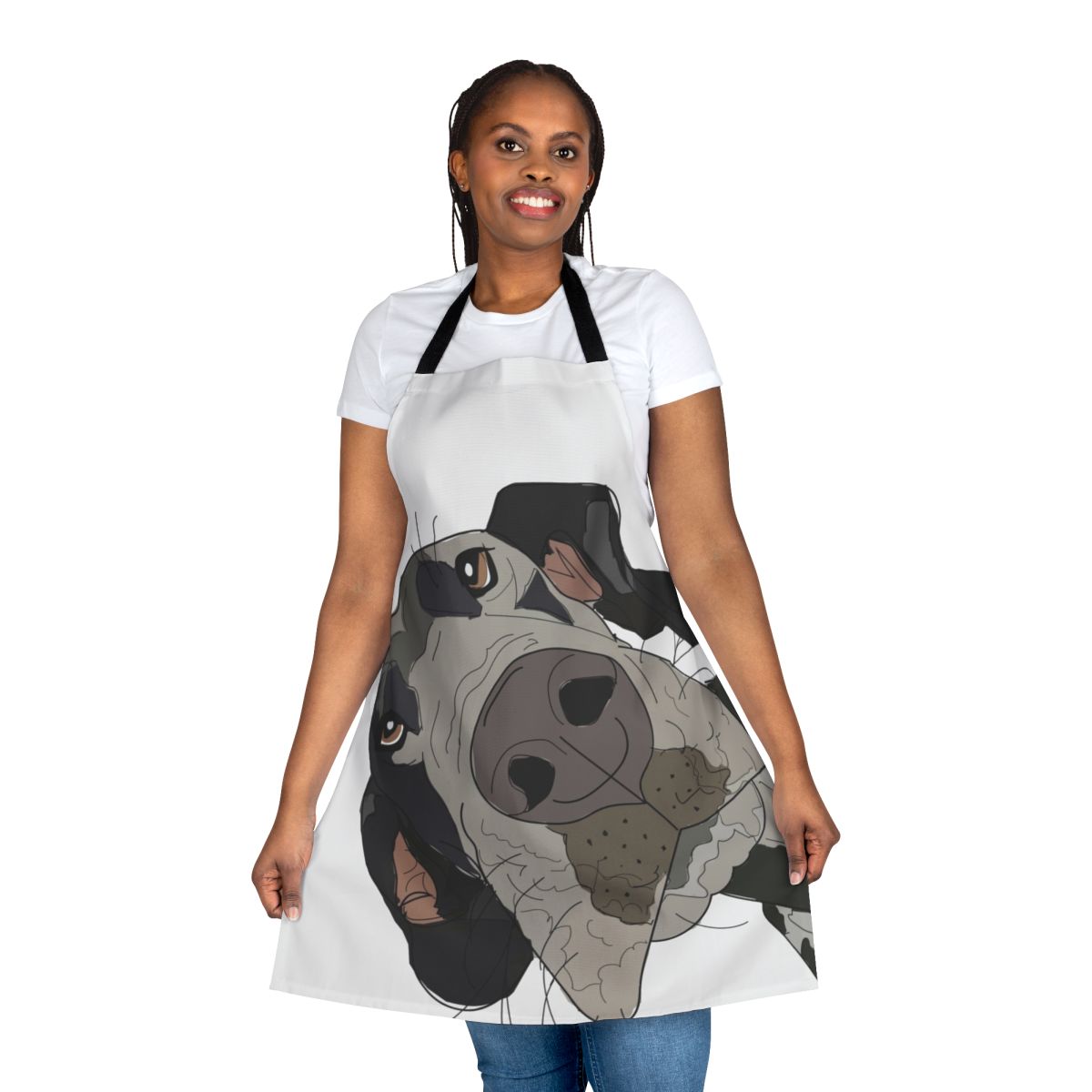 Artistic sketch design of a Great Dane dog's face printed on a high-quality kitchen apron