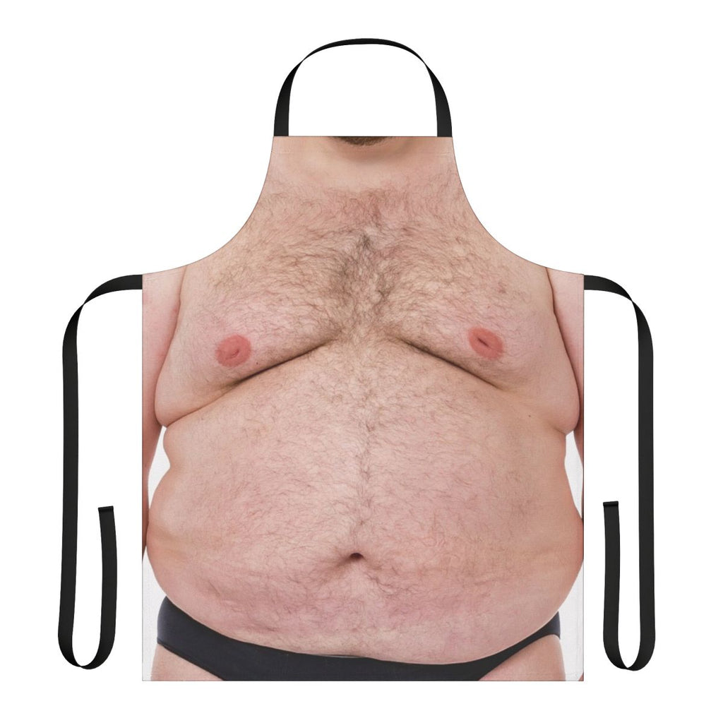 A humorous apron featuring a hairy belly design, perfect for confident men who embrace their bodies.