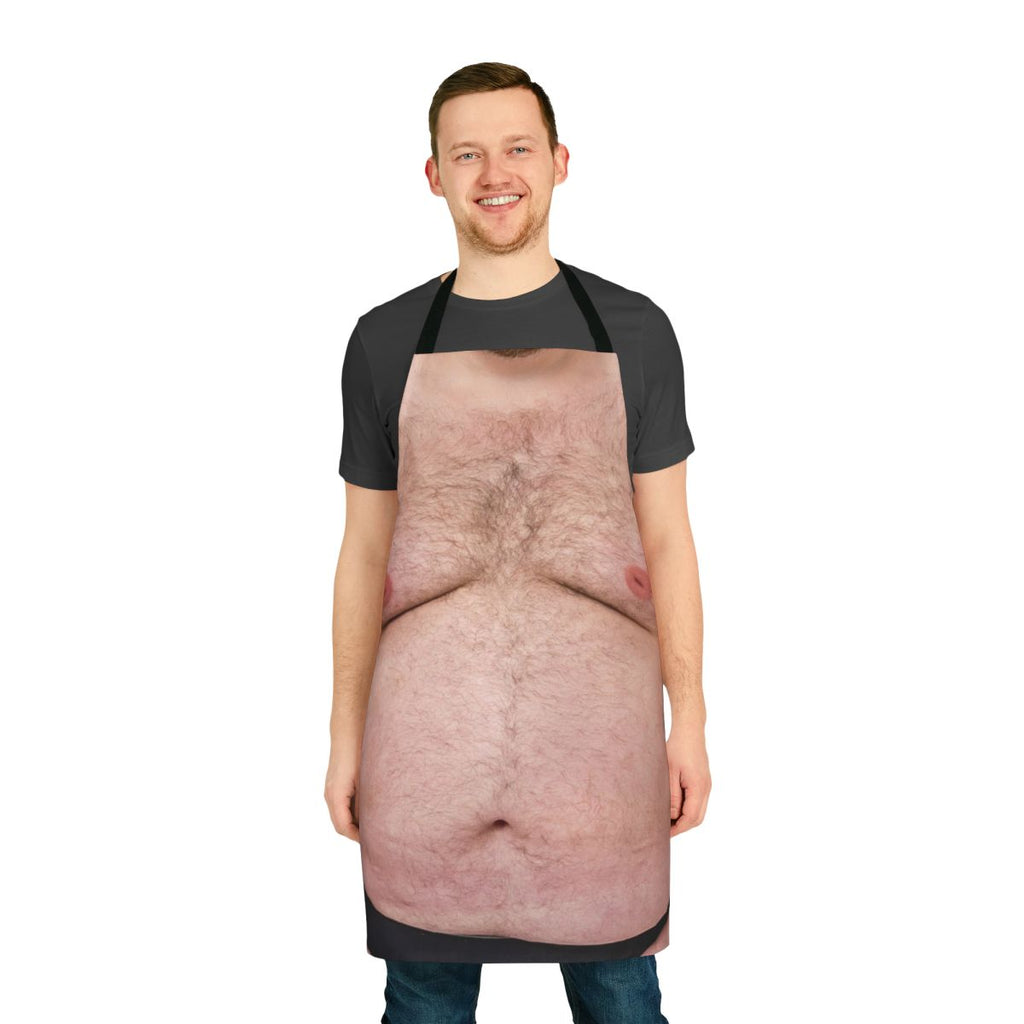 A humorous apron featuring a hairy belly design, perfect for confident men who embrace their bodies.