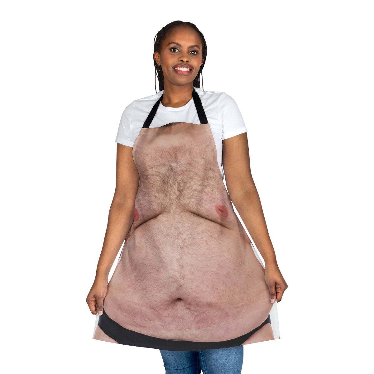 A humorous apron featuring a hairy belly design, perfect for confident men who embrace their bodies.