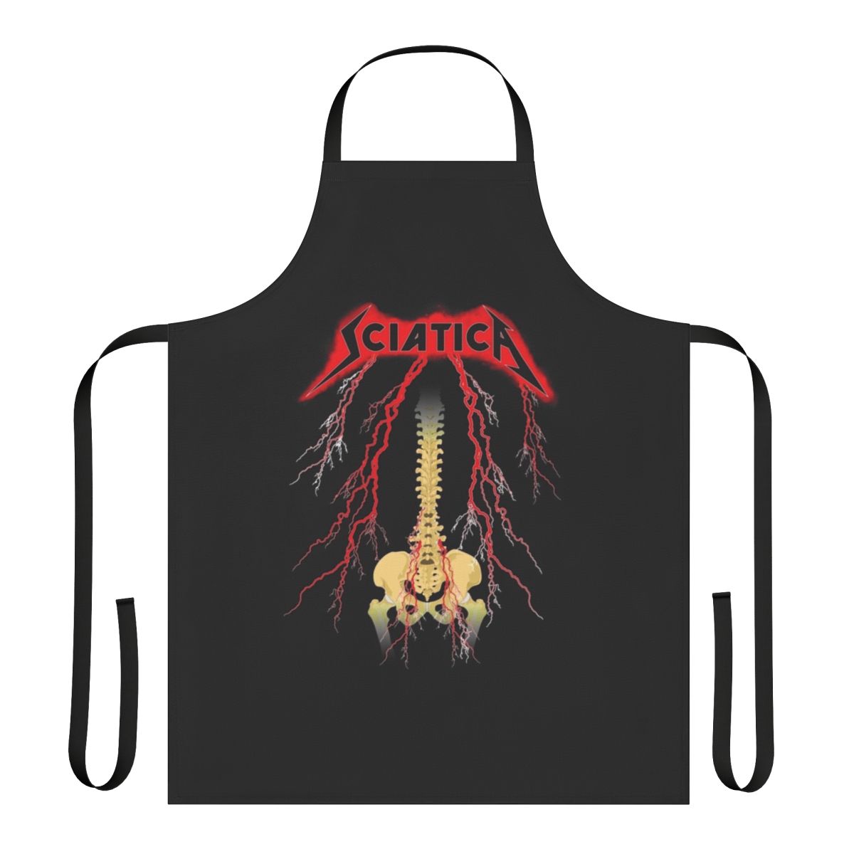 Hard rock-themed apron with spinal graphic and Helvetica font