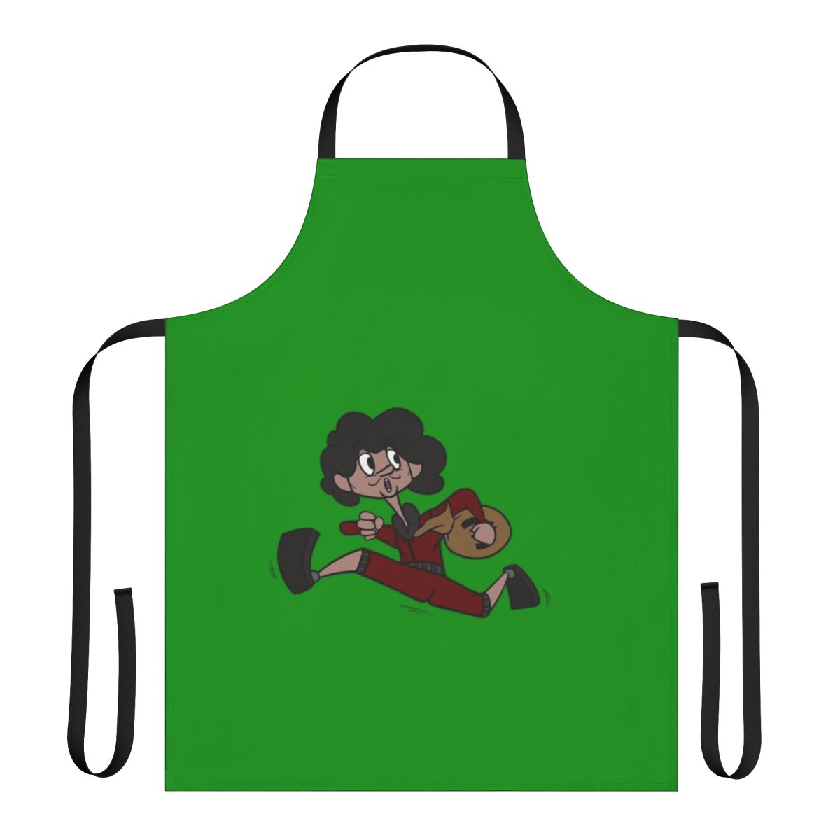 Stylish apron with Money Heist-inspired design, featuring red and brown colors, logo, and Salvador Dali mustache.