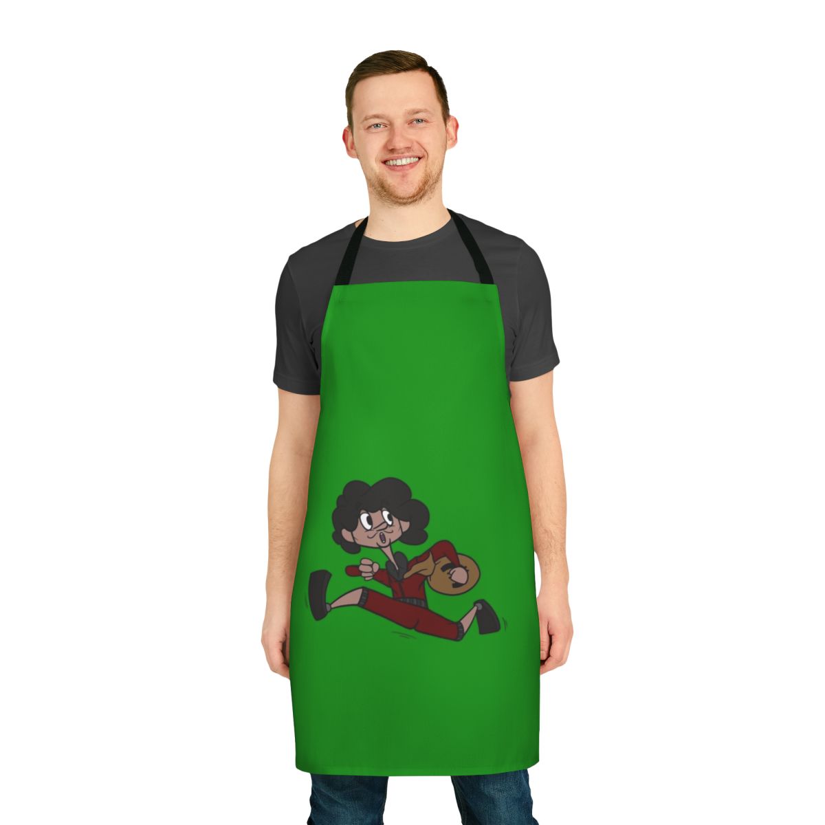 Stylish apron with Money Heist-inspired design, featuring red and brown colors, logo, and Salvador Dali mustache.