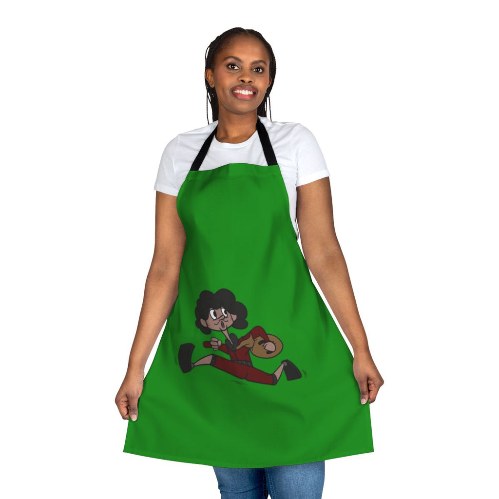 Stylish apron with Money Heist-inspired design, featuring red and brown colors, logo, and Salvador Dali mustache.