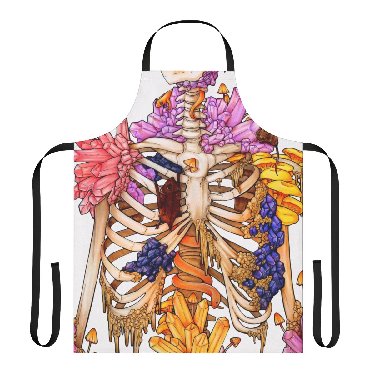 Skeleton and crystal-themed apron with hidden gems