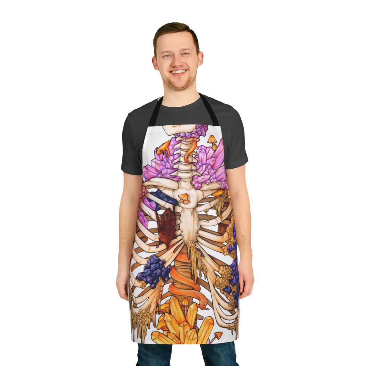 Skeleton and crystal-themed apron with hidden gems