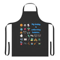 Whimsical apron featuring a design of various hobby icons