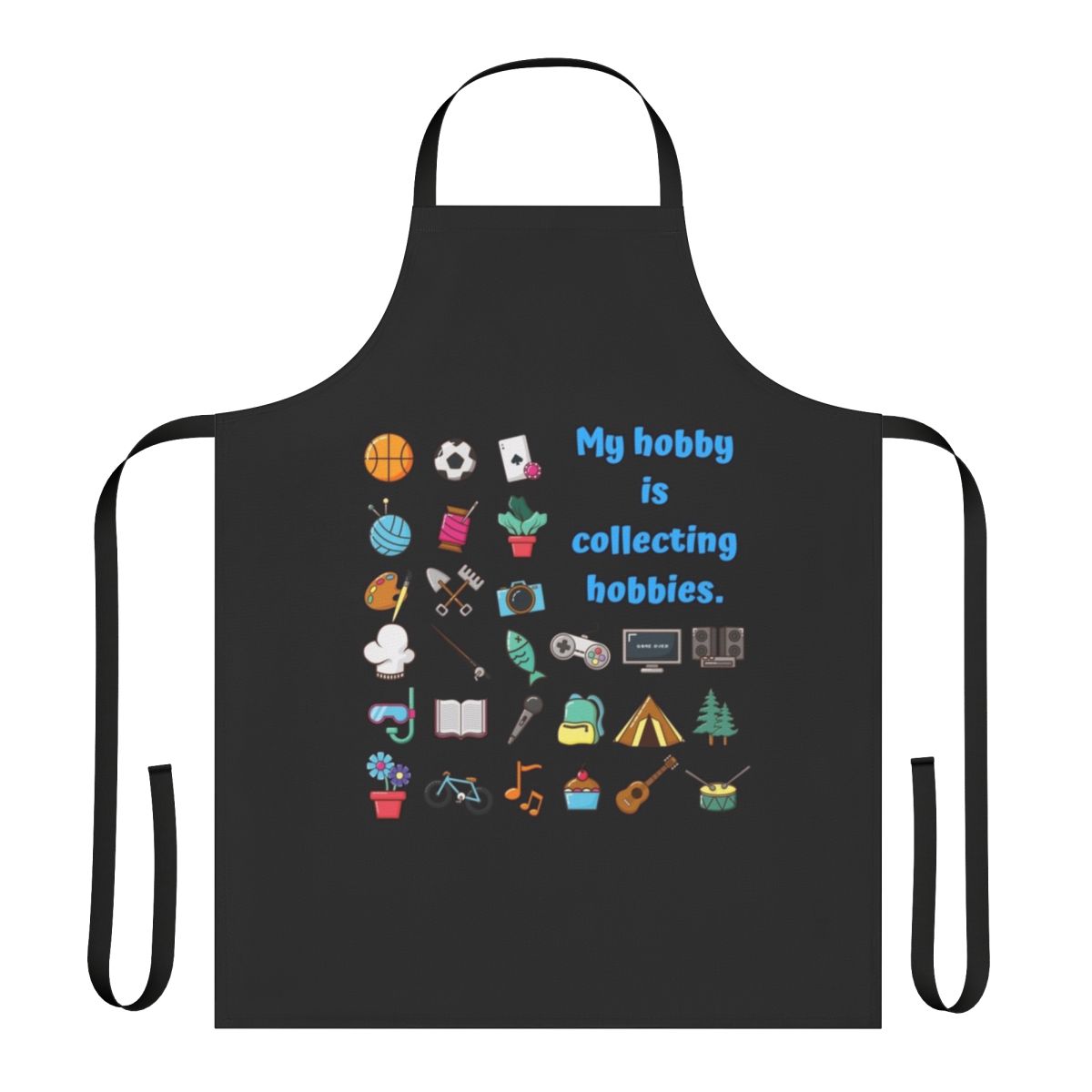 Whimsical apron featuring a design of various hobby icons