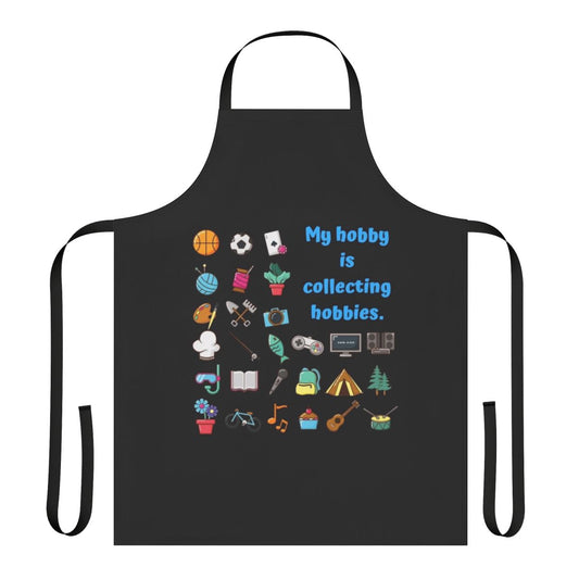 Whimsical apron featuring a design of various hobby icons