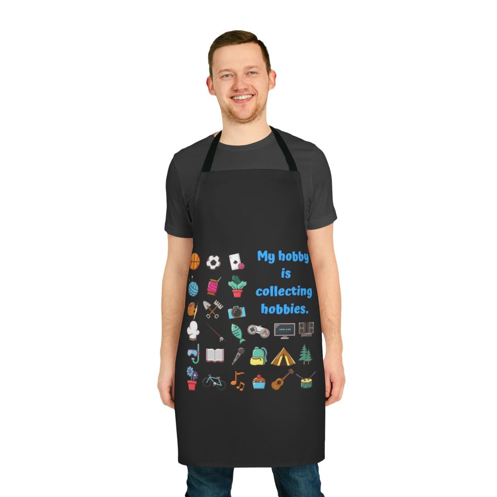 Whimsical apron featuring a design of various hobby icons