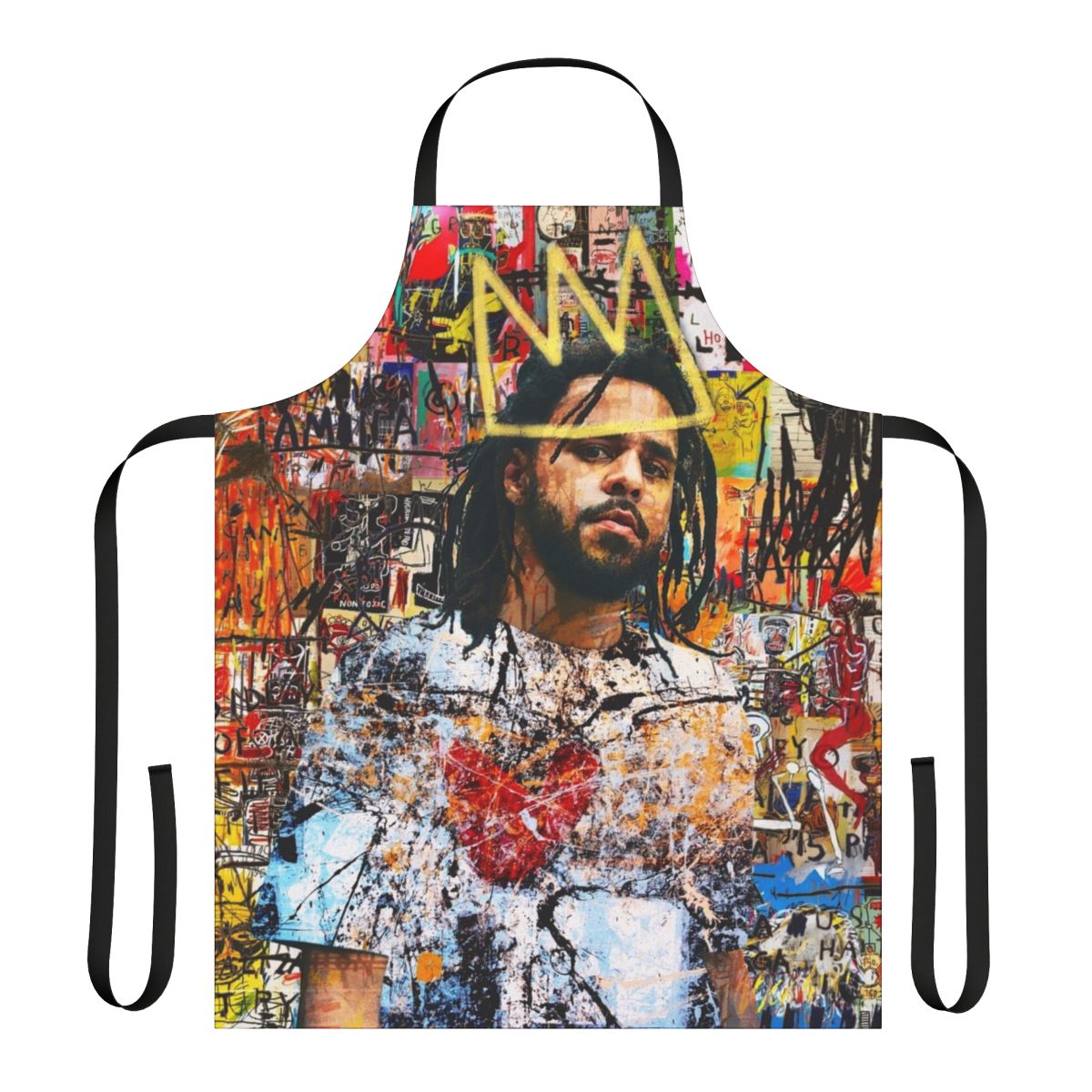 Stylized portrait of rapper J Cole on an apron