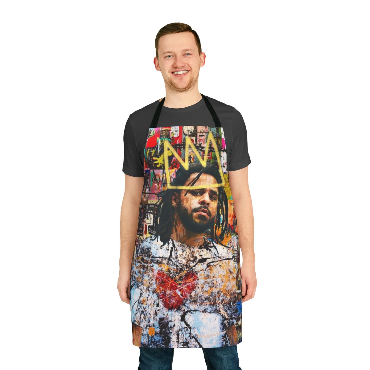 Stylized portrait of rapper J Cole on an apron