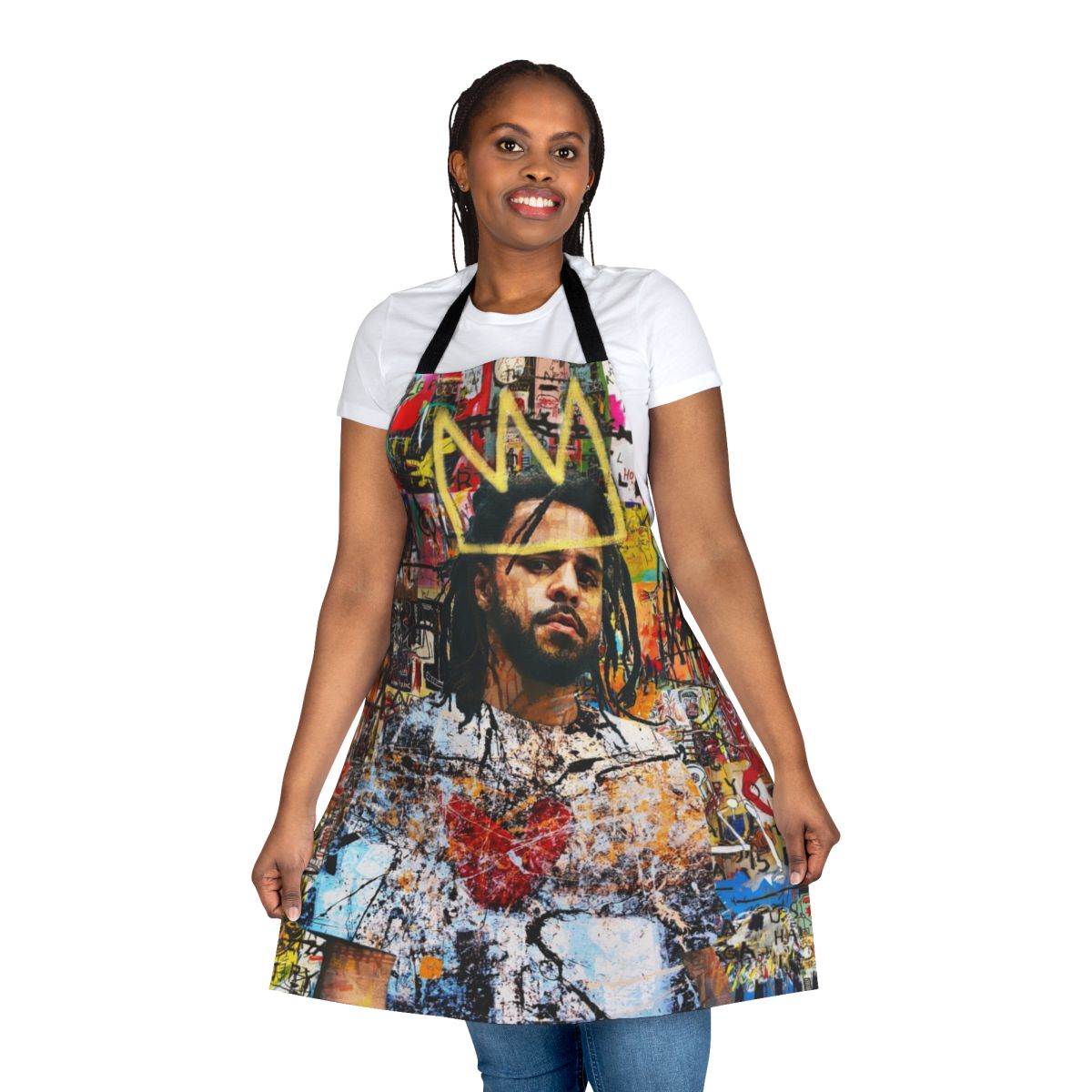 Stylized portrait of rapper J Cole on an apron