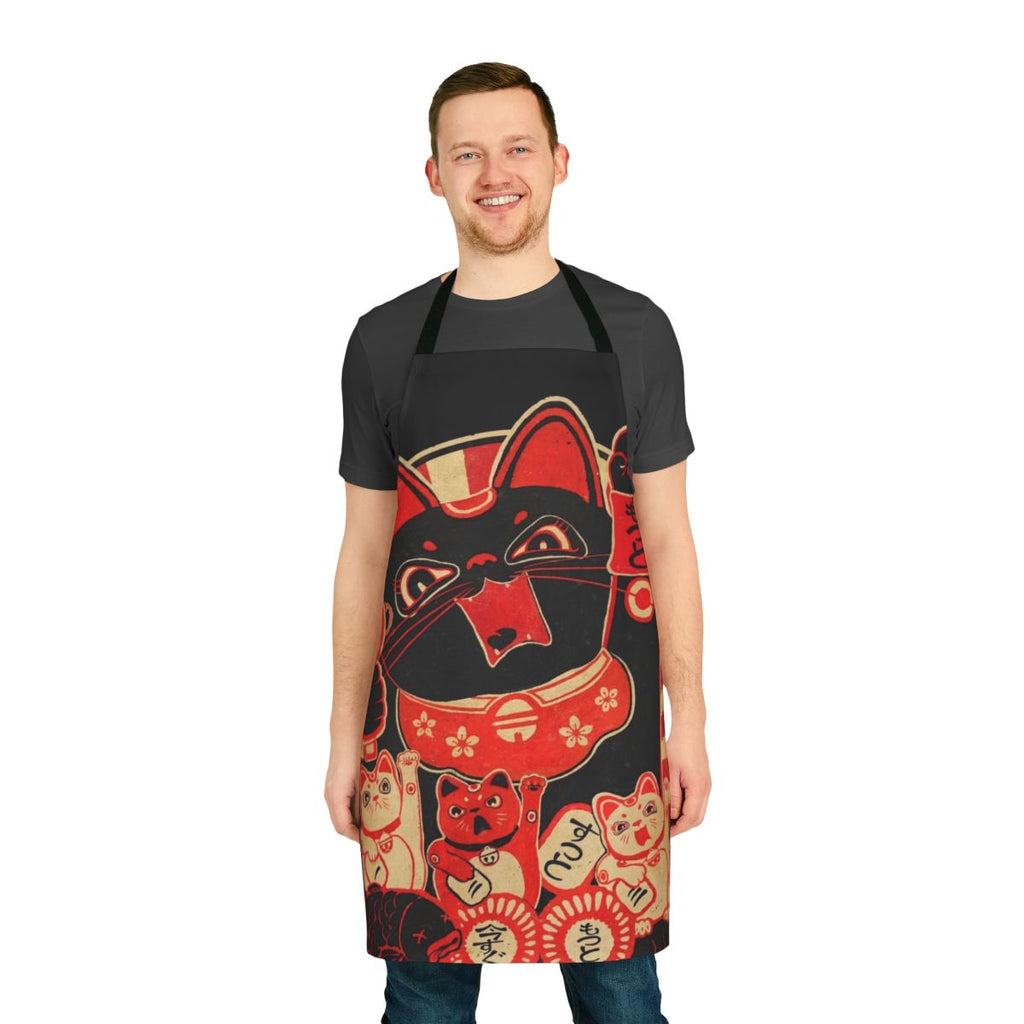 Vibrant, custom-designed apron featuring a defiant lucky cat in a revolutionary stance, with Japanese kanji, katakana, and hiragana text.