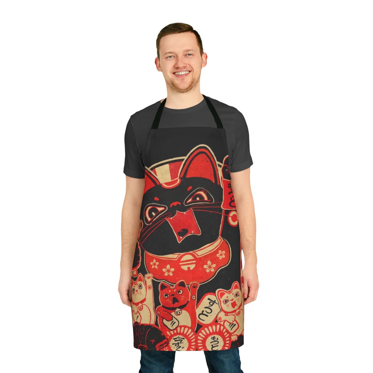 Vibrant, custom-designed apron featuring a defiant lucky cat in a revolutionary stance, with Japanese kanji, katakana, and hiragana text.
