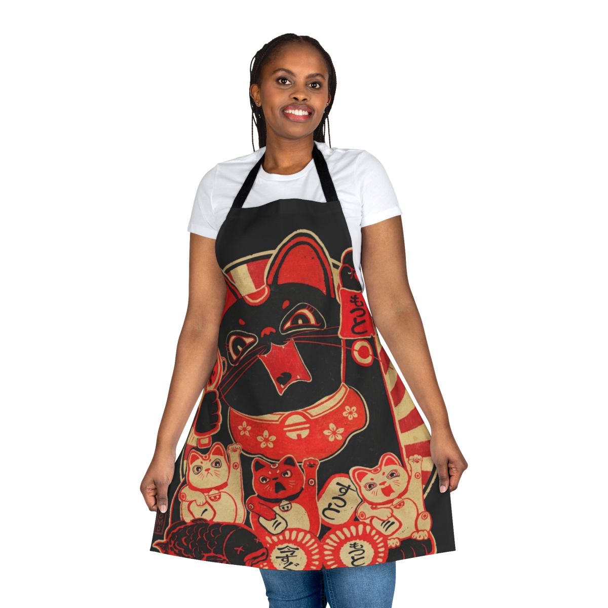 Vibrant, custom-designed apron featuring a defiant lucky cat in a revolutionary stance, with Japanese kanji, katakana, and hiragana text.
