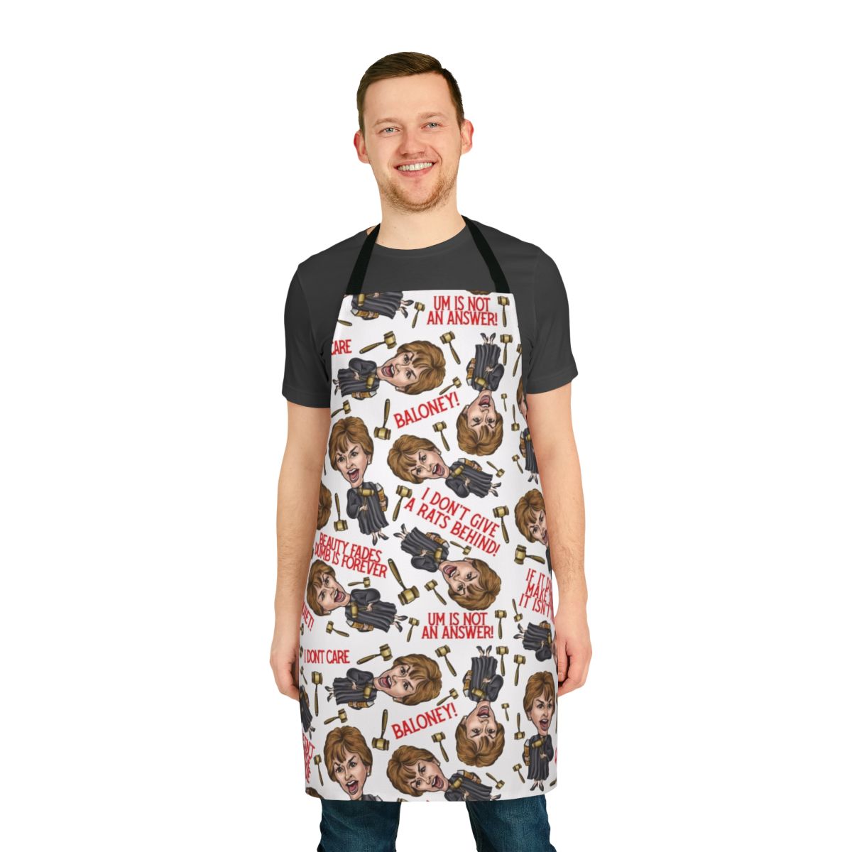 Judge Judy-inspired apron with a stylized print featuring the iconic TV personality